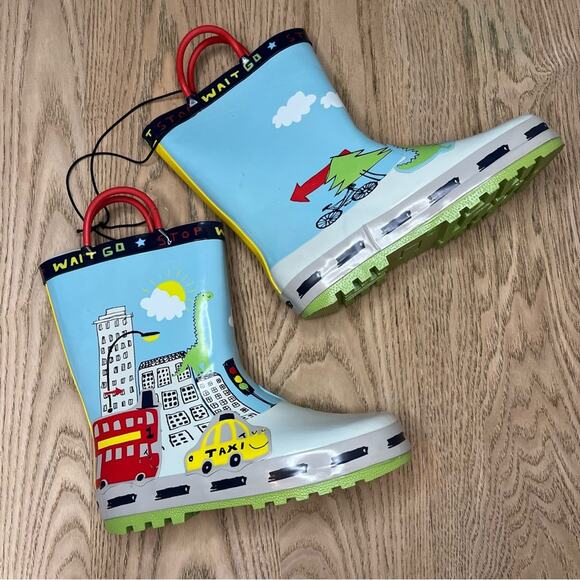 NWT Kids Dinosaur Rain Boot Gullies Waterproof Blue Yellow Kids 13 - Picture 8 of 8